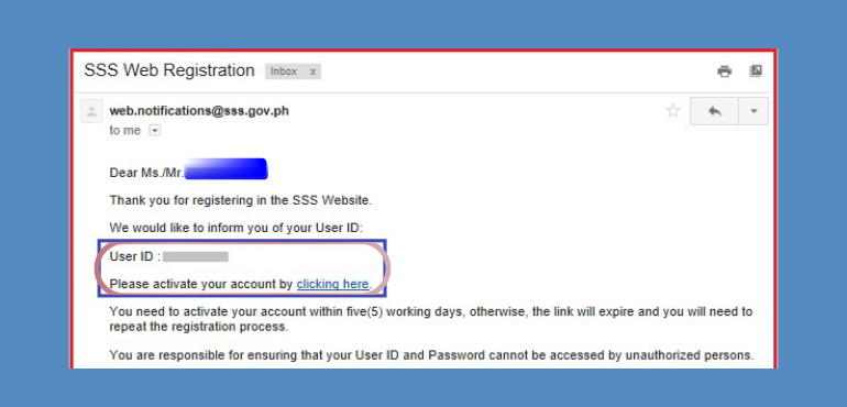 My SSS User ID and an activation link email after registration