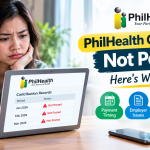 a philhealth contributor looking into the laptop screen worried why her contributions are not posted